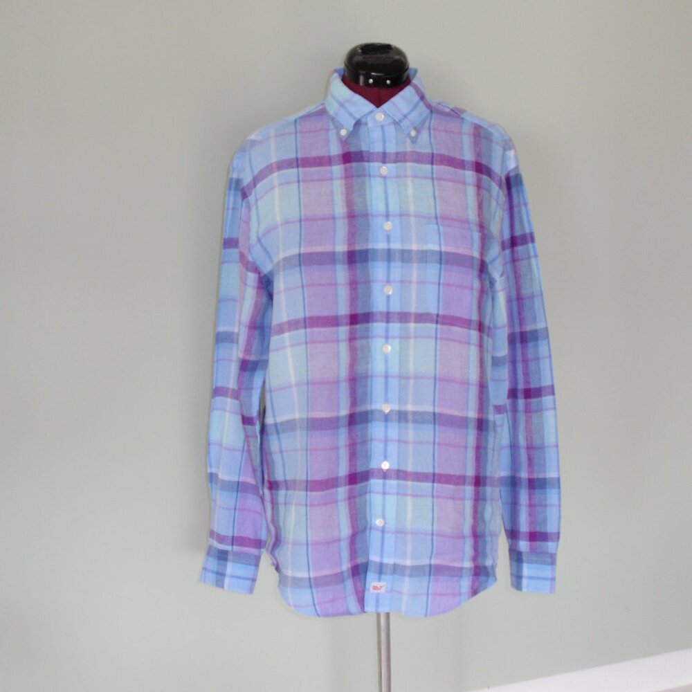 Vineyard Vines Mens Linen Classic Fit Murrey Button Shirt Purple Plaid Blue M